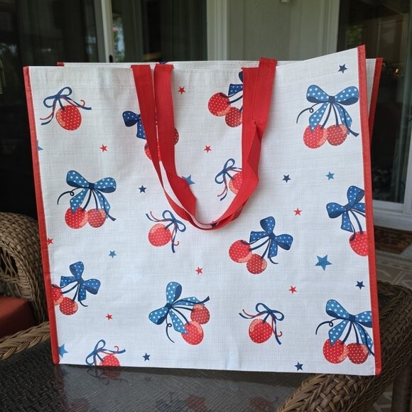 Cherry Red White Blue Shopping‎ Gift Bag Reusable Large Tote Summer USA July 4th - Picture 1 of 8